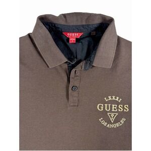 GUESS Polo Shirt Men Small Brown Logo Los Angeles Graphic Short Sleeve Casual